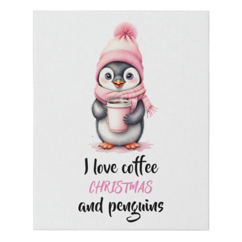 I Love Coffee Christmas and Penguins in Pink Faux Canvas Print
