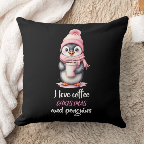 I Love Coffee Christmas and Penguins in Pink Throw Pillow