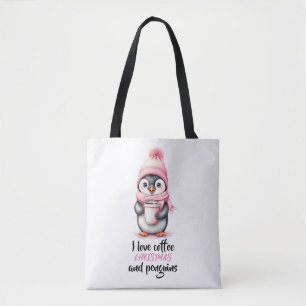 I Love Coffee Christmas and Penguins in Pink Tote Bag