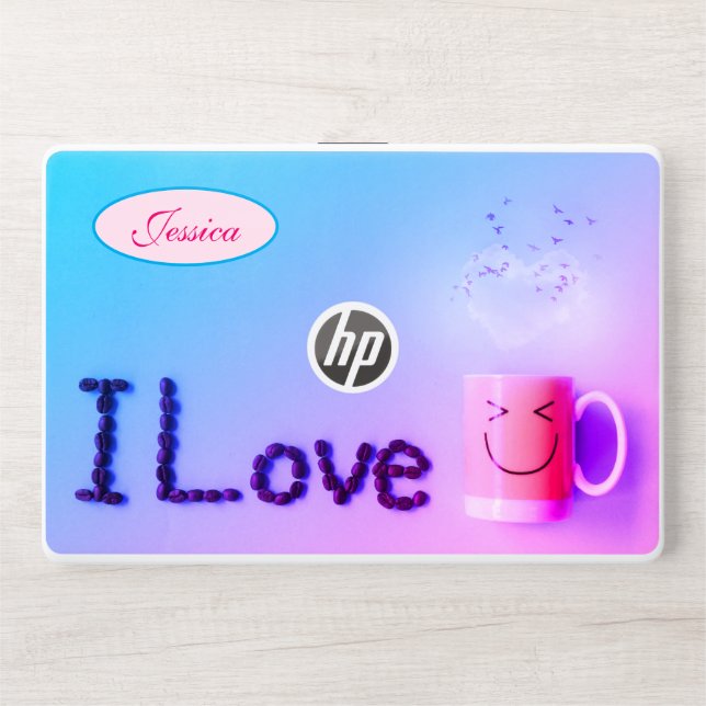 I Love Coffee Cup with Face Pink Blue HP Laptop Skin (Front)