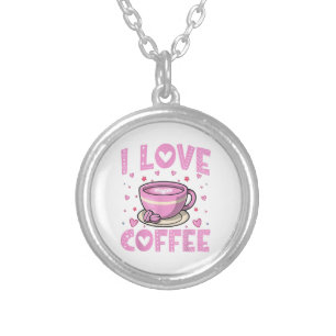 I Love Coffee - Funny Coffee Drinker Caffeine Addi Silver Plated Necklace