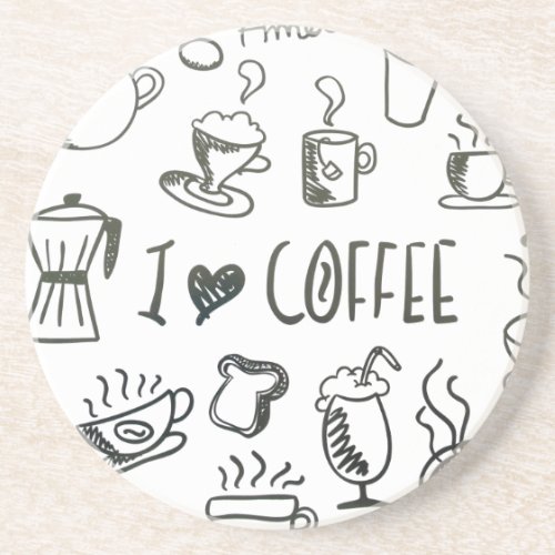 I Love Coffee Illustration and Text Sandstone Coaster