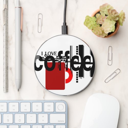 I Love Coffee Minimalist Red Mug Wireless Charger