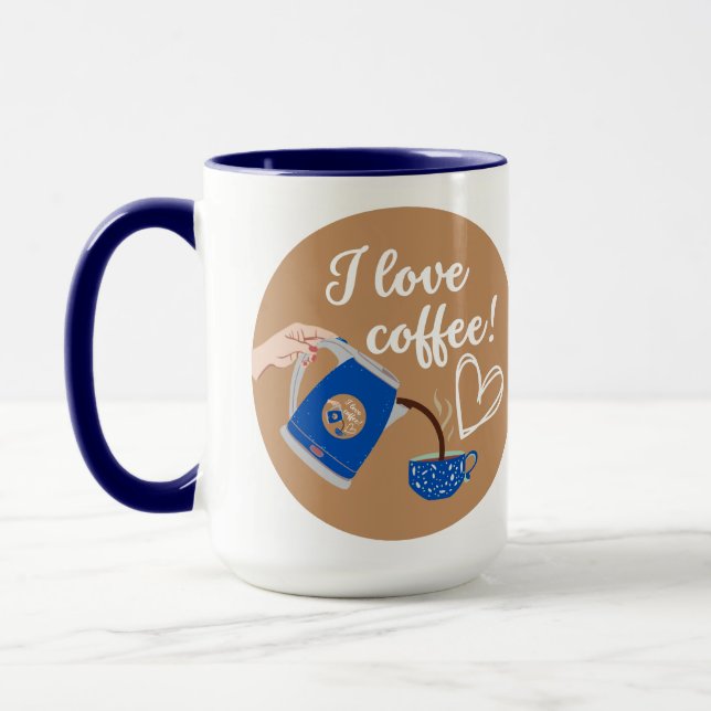 "I love coffee!" Mug, Navy Blue Handle & Interior Mug (Left)