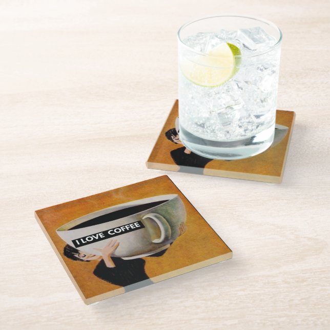 I love coffee retro   glass coaster (Angled)