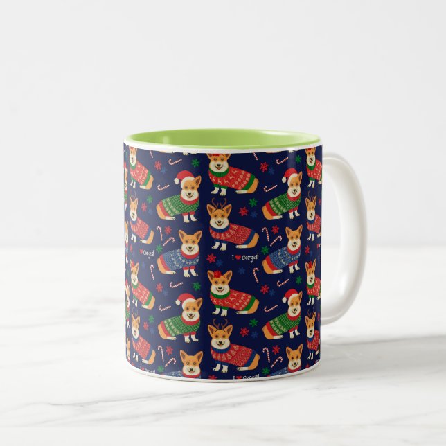 I Love Corgis Christmas Sweater Two-Tone Coffee Mug (Front Right)