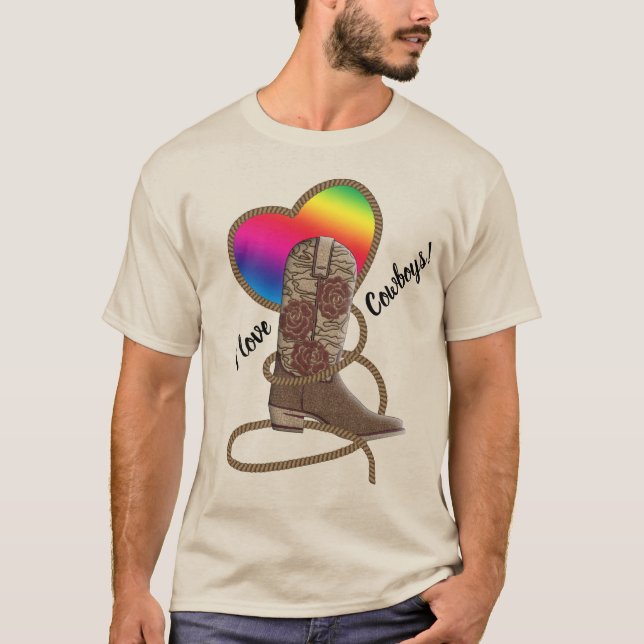 I Love Cowboys Gay Pride Rainbow Heart T-Shirt (Front)