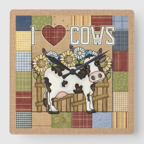 I Love Cows Country Patchwork Square Wall Clock