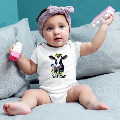 I Love Cows Holstein Cow in Sunflowers Baby Bodysuit