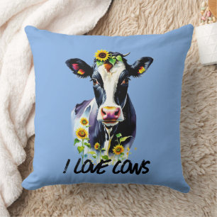 I Love Cows Sunflowers Farm Country Throw Pillow
