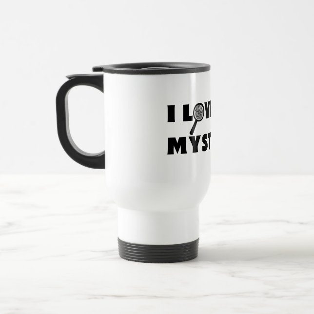 I Love Cozy Mysteries Travel Mug in White & Black (Left)