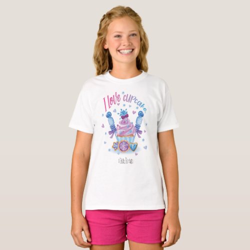 I love Cupcake text Blue Cupcake Candy and name T_Shirt