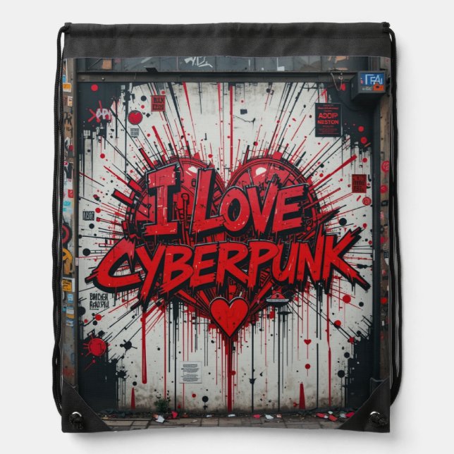 I Love Cyberpunk Graffiti Drawstring Backpack (Front)