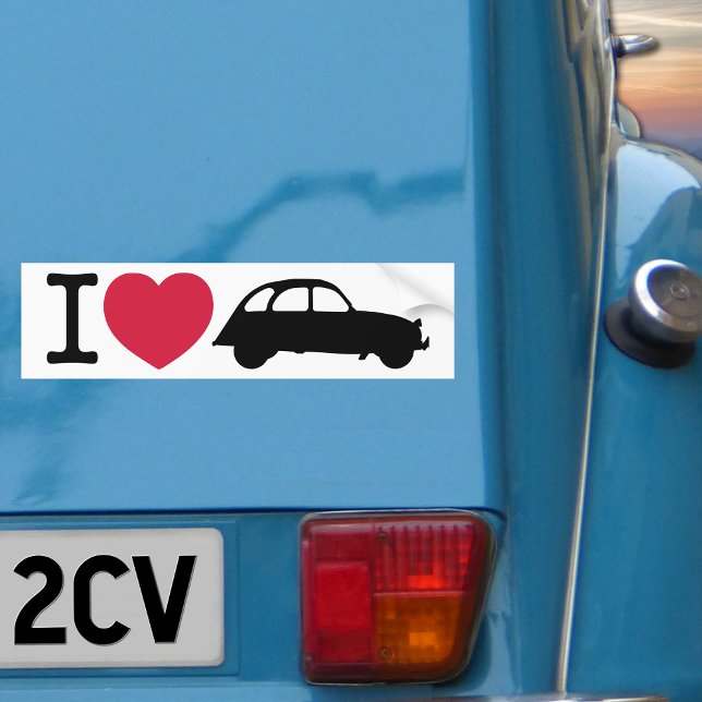 I love Deux Chevaux Old Timer Car Bumper Sticker (I love 2CV Bumper Sticker in White with a Black Typography and Illustration)