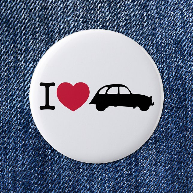 I love Deux Chevaux Old Timer Car Button (I love 2CV Button in White with a Black Typography and Illustration)
