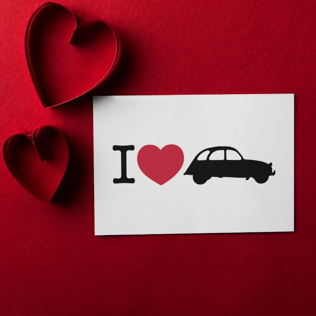 I love Deux Chevaux Old Timer Car Postcard (I love 2CV Sticker in White with a Black Typography and Illustration)