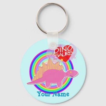 I Love Dinosaurs Pink Dino Blue Keychain With Name by dinoshop at Zazzle