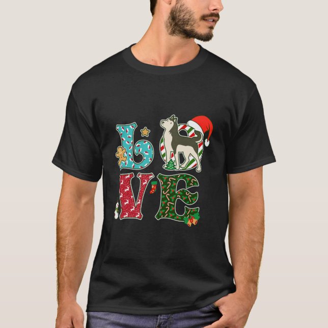 I Love Dog Siberian Husky Christmas T-Shirt (Front)