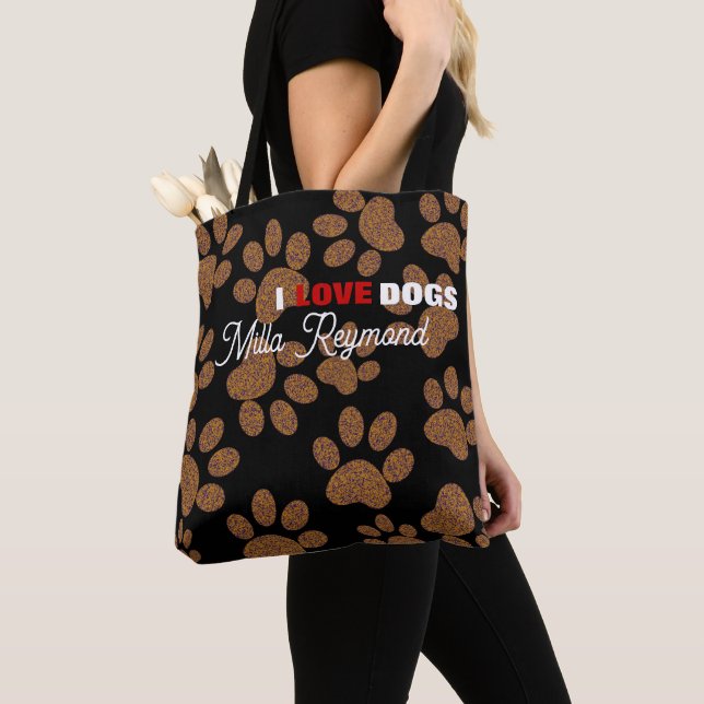 I Love Dogs Personalized Black Tote Bag (Close Up)