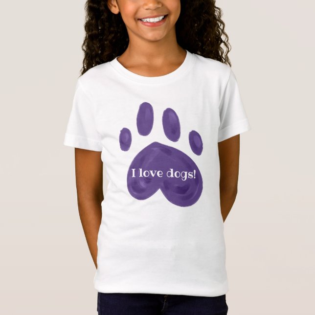 "I Love Dogs!" Purple Paw Print T-Shirt (Front)