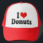 I Love Donuts Trucker Hat<br><div class="desc">I Love Donuts
 Great I Love Donuts product with a big heart filled with red stripes. This and many more Donuts gifts,  with also other shrove  products for Donuts lovers available at our store.</div>