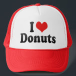 I Love Donuts Trucker Hat<br><div class="desc">I Love Donuts
 Great I Love Donuts product with a big heart filled with red stripes. This and many more Donuts gifts,  with also other shrove  products for Donuts lovers available at our store.</div>
