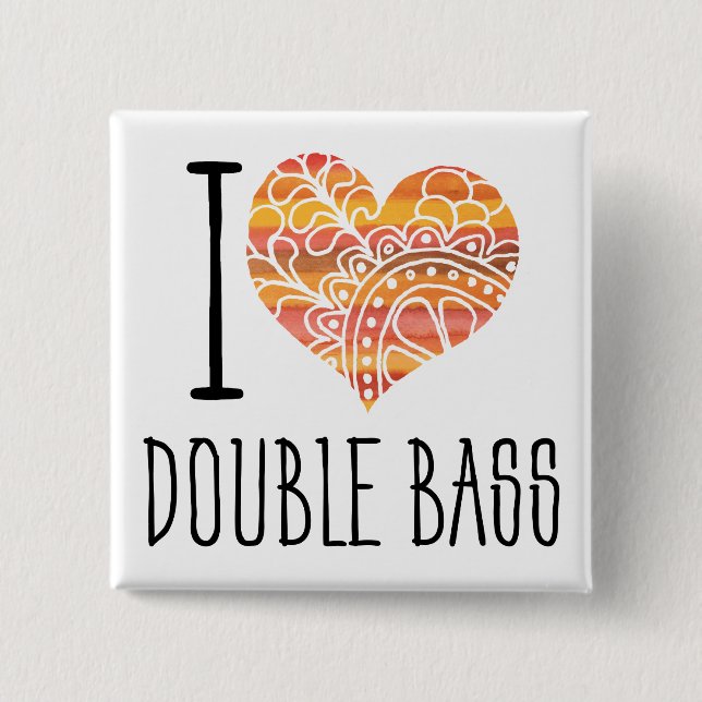 I Love Double Bass Orange Mandala Heart Button (Front)