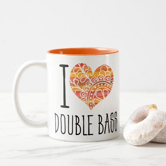 I Love Double Bass Orange Mandala Heart Two-Tone Coffee Mug (With Donut)