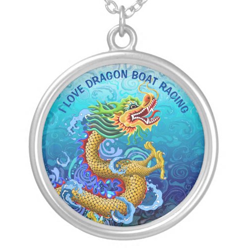 I Love Dragon Boat Racing Gold Dragon Silver Plated Necklace