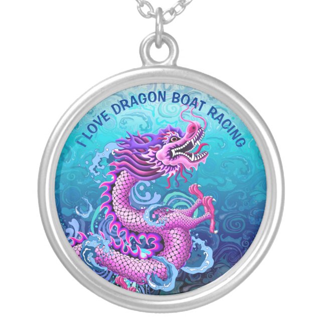 I Love Dragon Boat Racing Pink Dragon Silver Plated Necklace (Front)