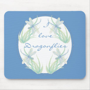 I love Dragonflies in Blue and Green Watercolor Mouse Pad
