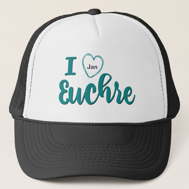 I Love Euchre Personalized Lettered Design Trucker Hat (Front)