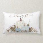 I Love Fall Dusty Blue White Pumpkins Country Lumbar Pillow<br><div class="desc">"I Love Fall Dusty Blue White Pumpkins Country Chic Home Decor Pillow." Muted French dusty blue and chocolate brown, warmly welcoming fall home decor is easily achieved using this watercolor painted fine art image by internationally licensed artist and designer, Audrey Jeanne Roberts. White and pale pastel blue pumpkins are paired...</div>