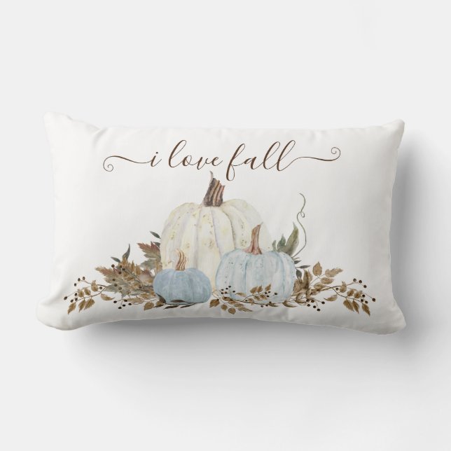 I Love Fall Dusty Blue White Pumpkins Country Lumbar Pillow (Front)