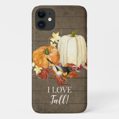 I Love Fall Leaves Bird Pumpkins Rustic Barn Wood iPhone 11 Case