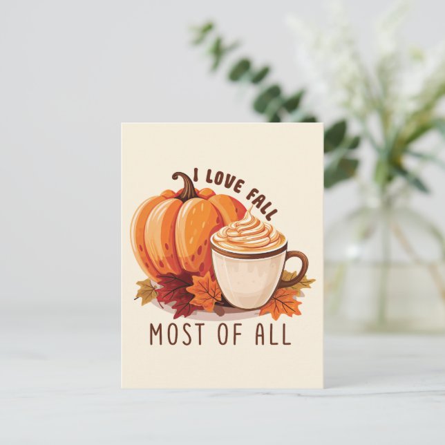 I Love Fall Most Of All – Latte & Autumn Vibes Postcard (Standing Front)
