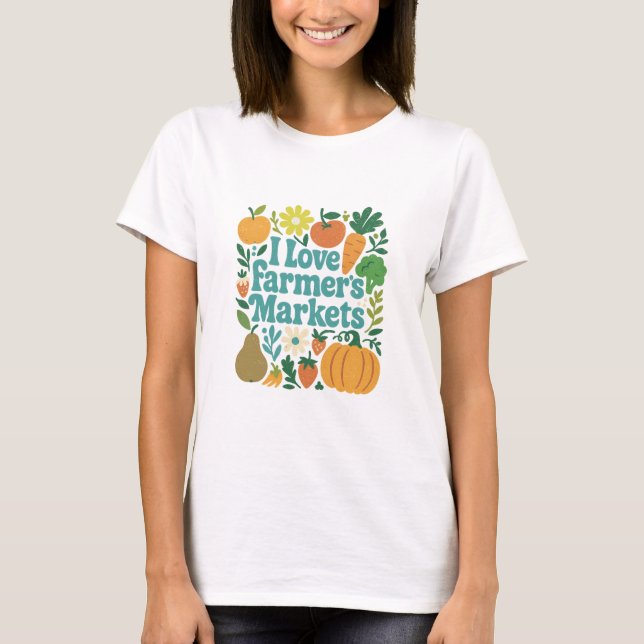 I Love Farmer's Markets Teal Retro Art T-Shirt (Front)