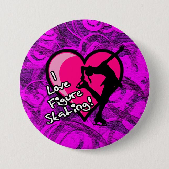 I love figure skating button, purple swirls pinback button (Front)