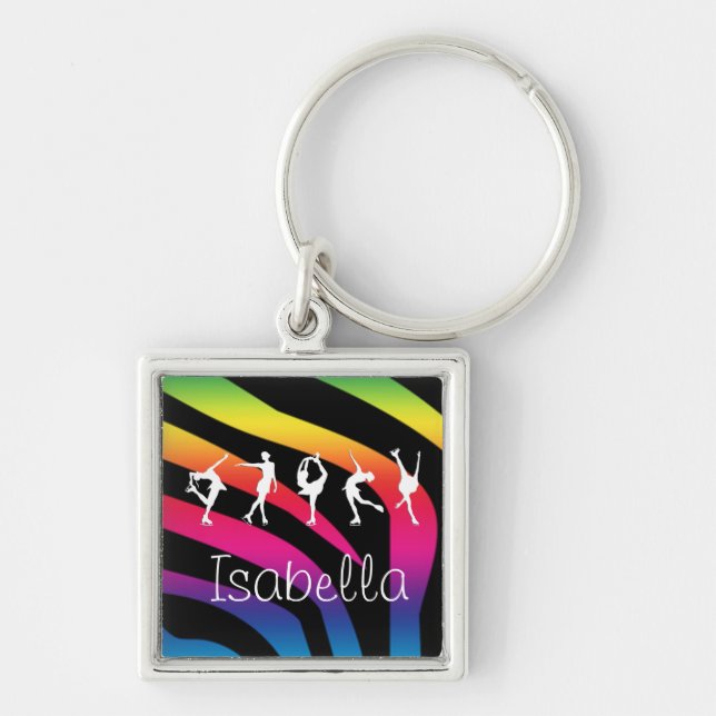 I LOVE FIGURE SKATING Rainbow Zebra, Name KeyChain (Front)