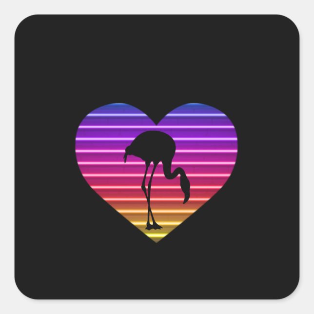 I Love Flamingos 80s Retro Heart Sunset Square Sticker (Front)