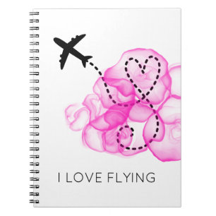 I Love Flying Heart Airplane Pink Clouds Fun Notebook