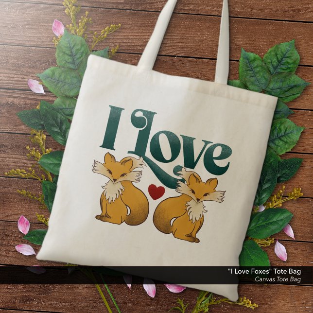I Love Foxes Cute Heart Tote Bag ("I Love Foxes" -  Canvas Tote Bag with Cute Foxes and Heart Artwork.)