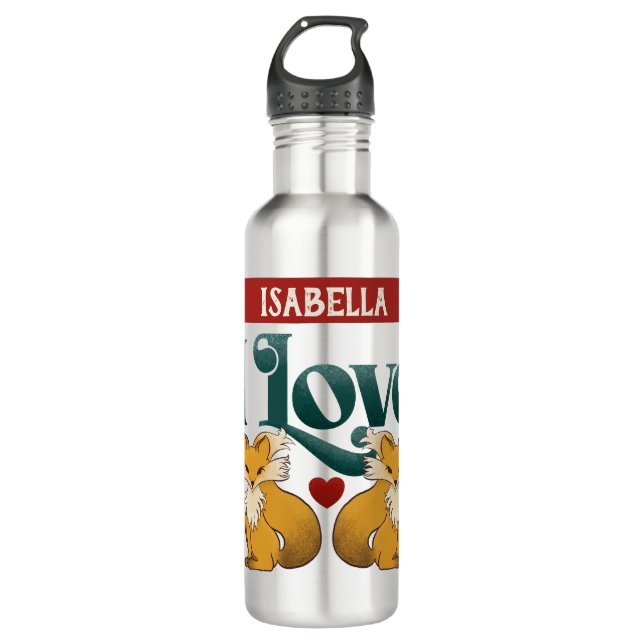 I Love Foxes Cute Heart Water Bottle (Front)
