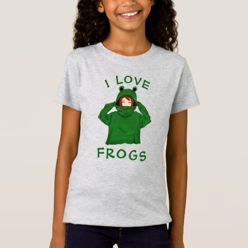 I Love Frogs Cute Girl in Green Frog Hoodie T_Shirt
