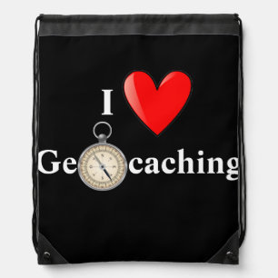 I Love Geocaching Heart and Compass Drawstring Bag