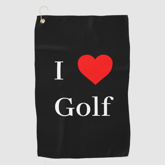 I love Golf Typography & Red Heart Black Golf Towel (Front)