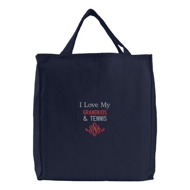 I Love Grandkids and Tennis Red Gray  Embroidered Tote Bag (Front)