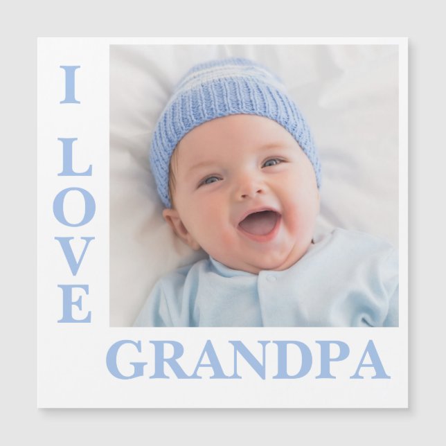 I Love Grandpa Blue Typography Photo Birth Magnet (Front)