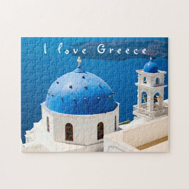 I love Greece Church Santorini blue photo and text Jigsaw Puzzle (Horizontal)