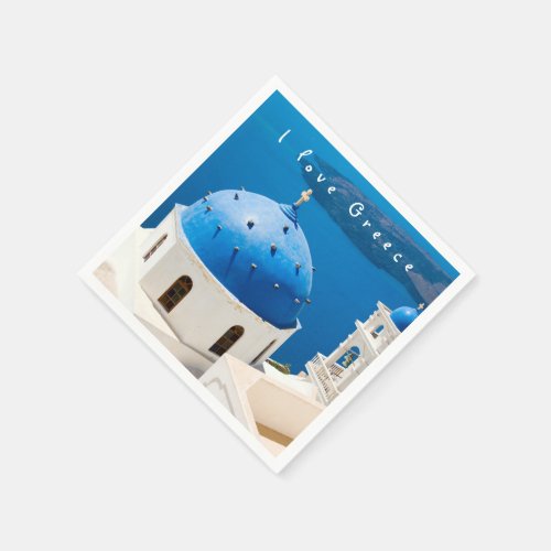 I love Greece Church Santorini blue photo and text Napkins